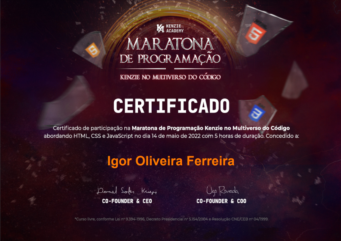 Certificado da Kenzie Academy